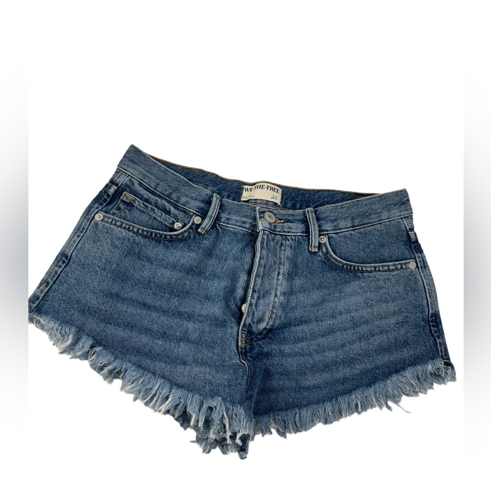 Free People We The Free Blue Distressed Hem Buttons Cheeky Denim Shorts Women 25